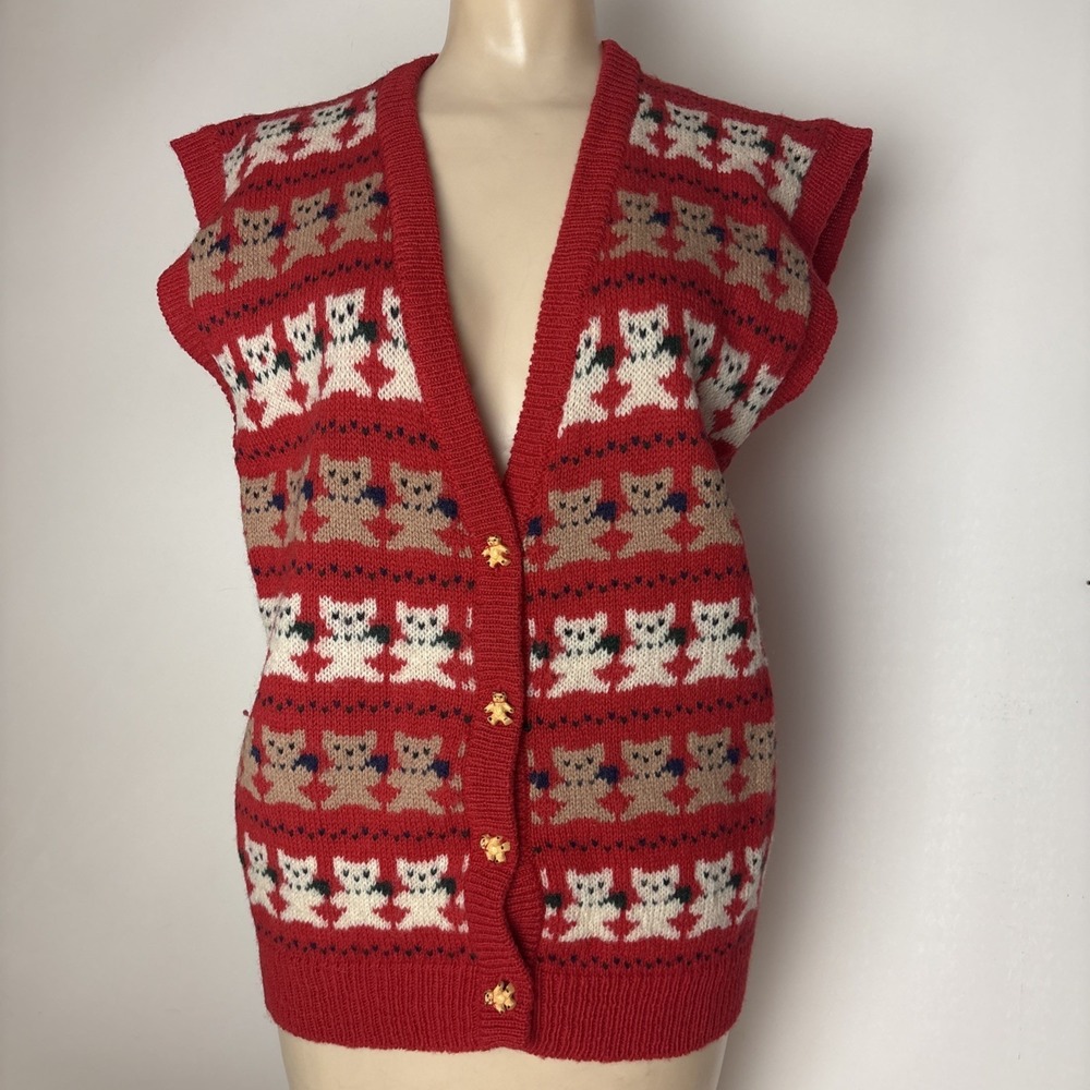 VTG The Eagles Eye Red Wool Vest Brown White Teddy Bears Teddy Bear Buttons LG
